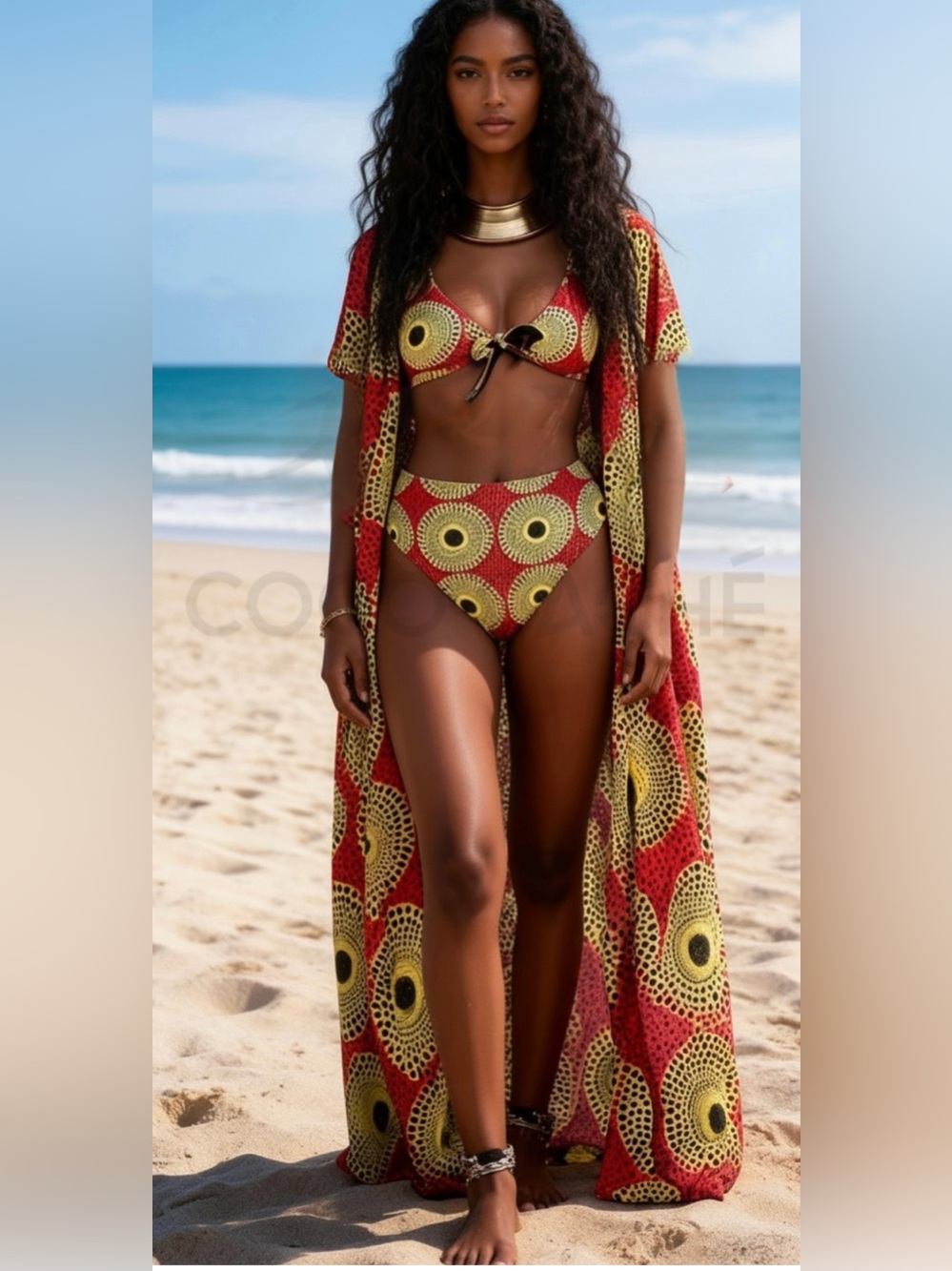 Vibrant Two Piece Swimsuit Geometric Pattern Long Kimono Kaftan Coverup